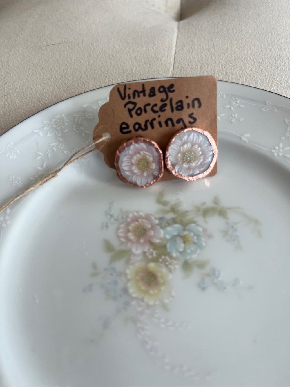 Porcelain Floral Stud Earrings with Copper-Tone Edge - Pink & White Flower